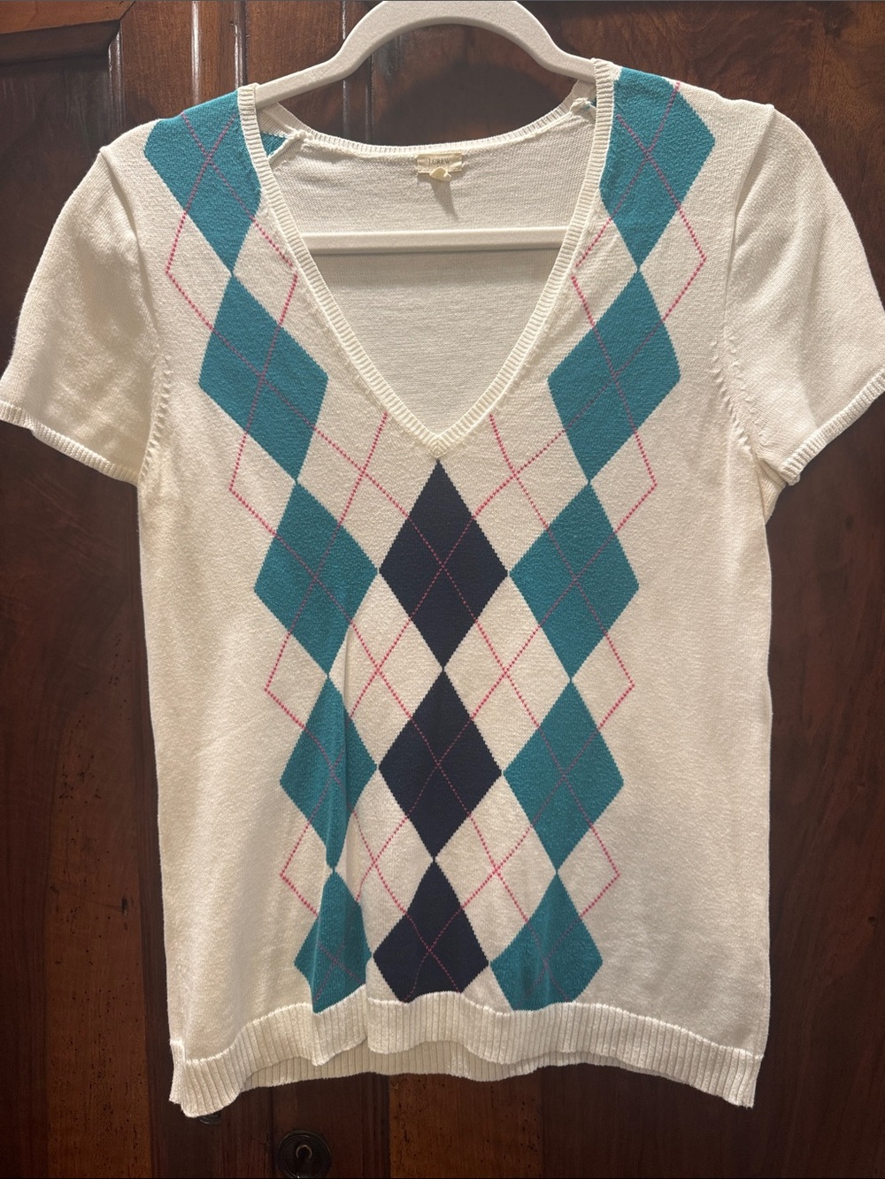 J. Crew White Short Sleeve V-Neck Top with Teal & Navy Argyle